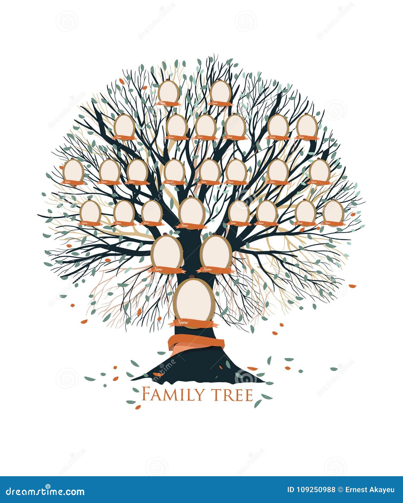 family tree, pedigree or ancestry chart template with branches, leaves, empty photo frames  on white background