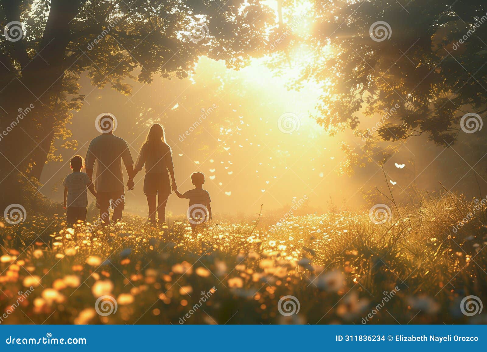 family walking in the field at sunset