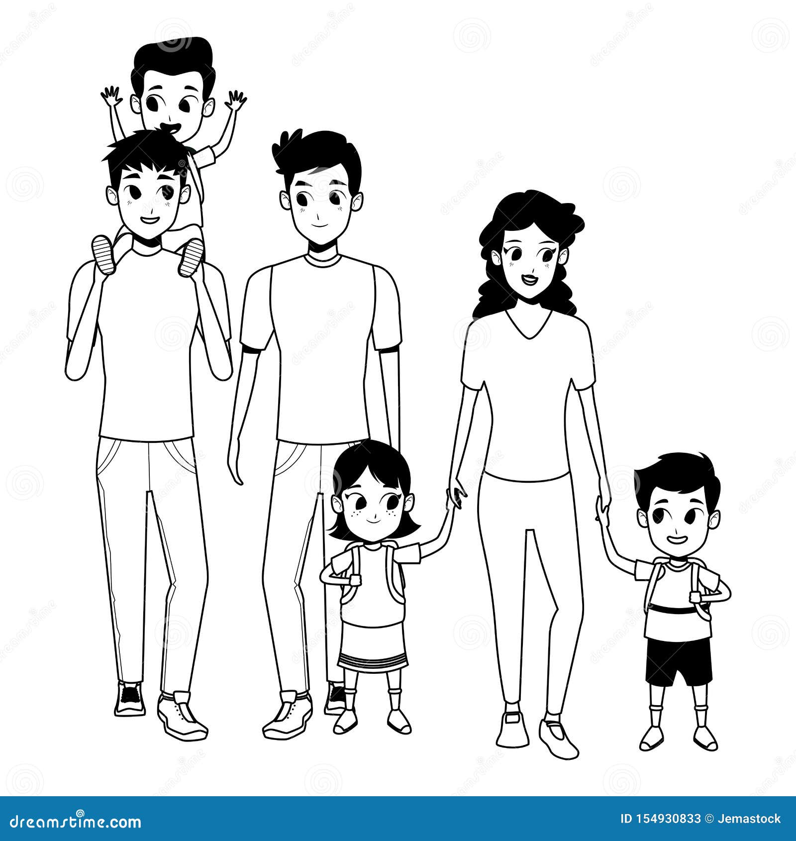 Family Young Parents with Children Cartoon in Black and White Stock Vector  - Illustration of fathers, member: 154930833