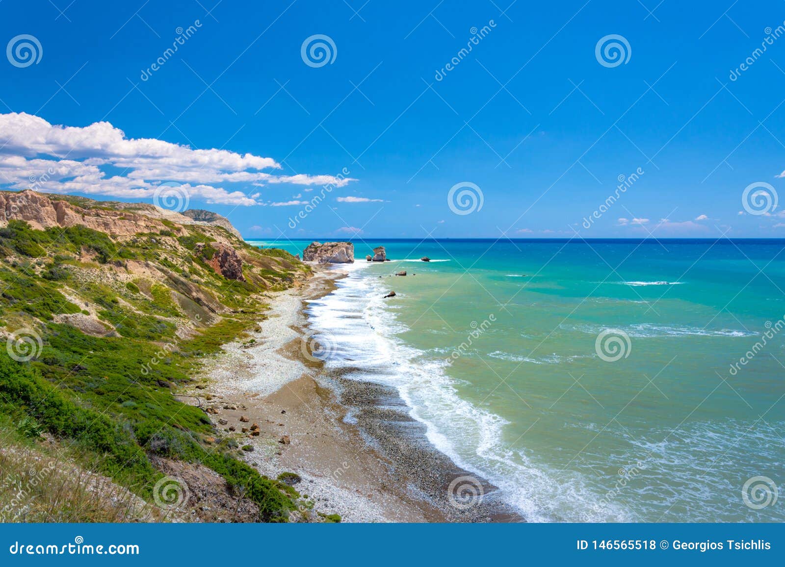 the famous beach of aphrodite`s rock or venus rock, petra tou romiou, cyprus