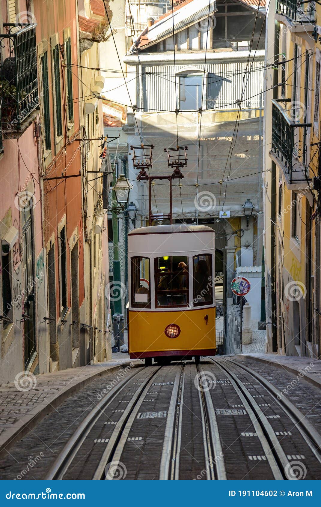 famous bica funicular elevador da bica or ascensor da bica, the third oldest of all, inaugurated in 1892, in district of baixa-