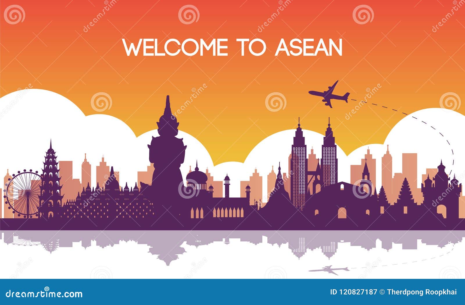 famous landmark of southeast asia,travel destination,silhouette ,purple and orange gradient color