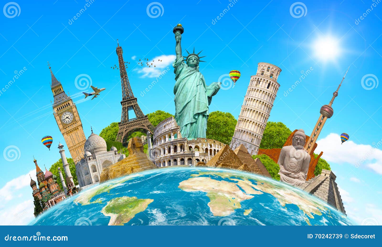 Famous Landmarks of the World Surrounding Planet Earth Stock