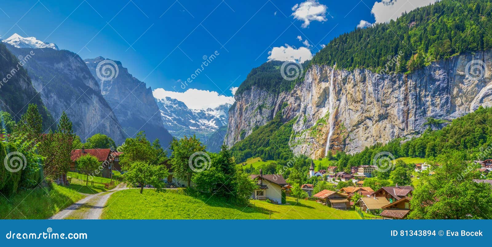 famous lauterbrunnen valley with gorgeous waterfall and swiss alps
