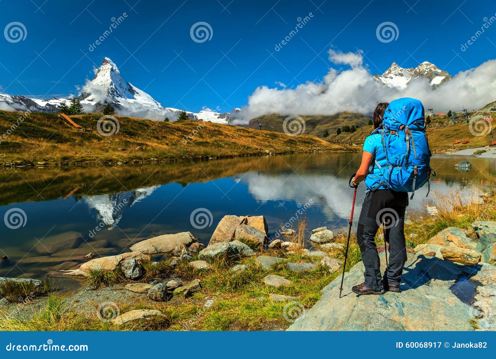 famous matterhorn peak and leisee alpine glacier lake,valais,switzerland