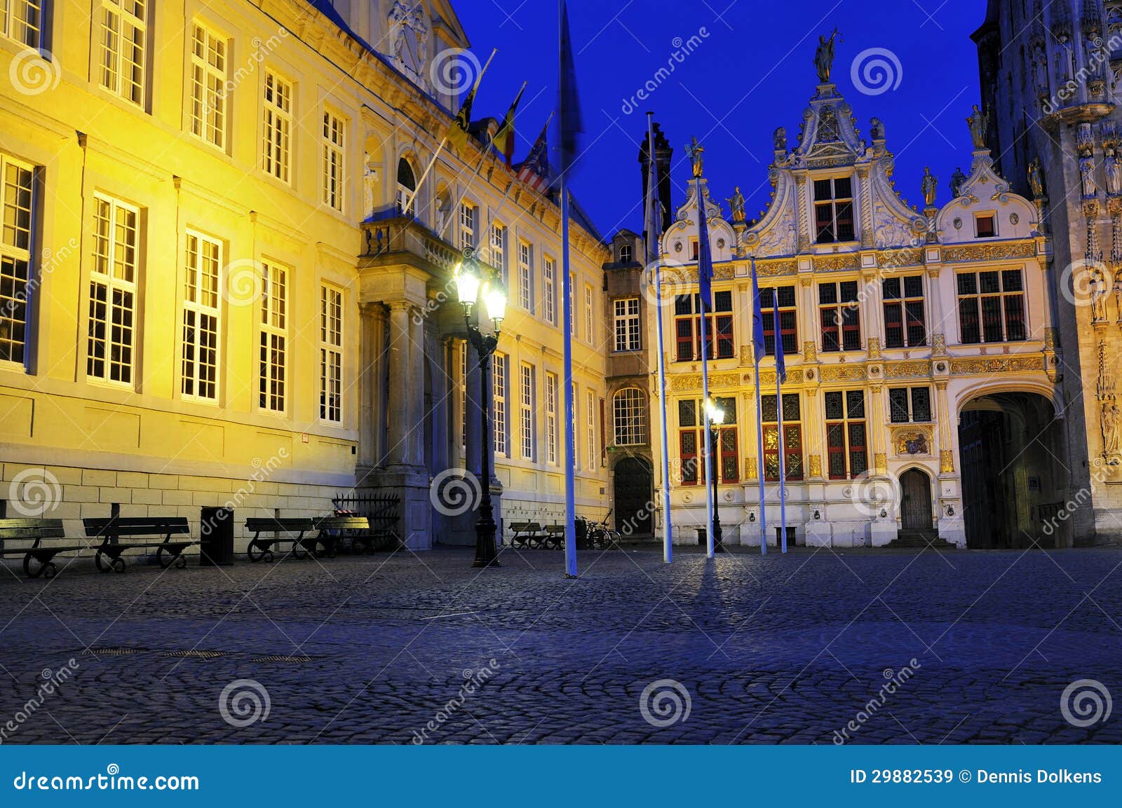 gate to burg, bruges, by night
