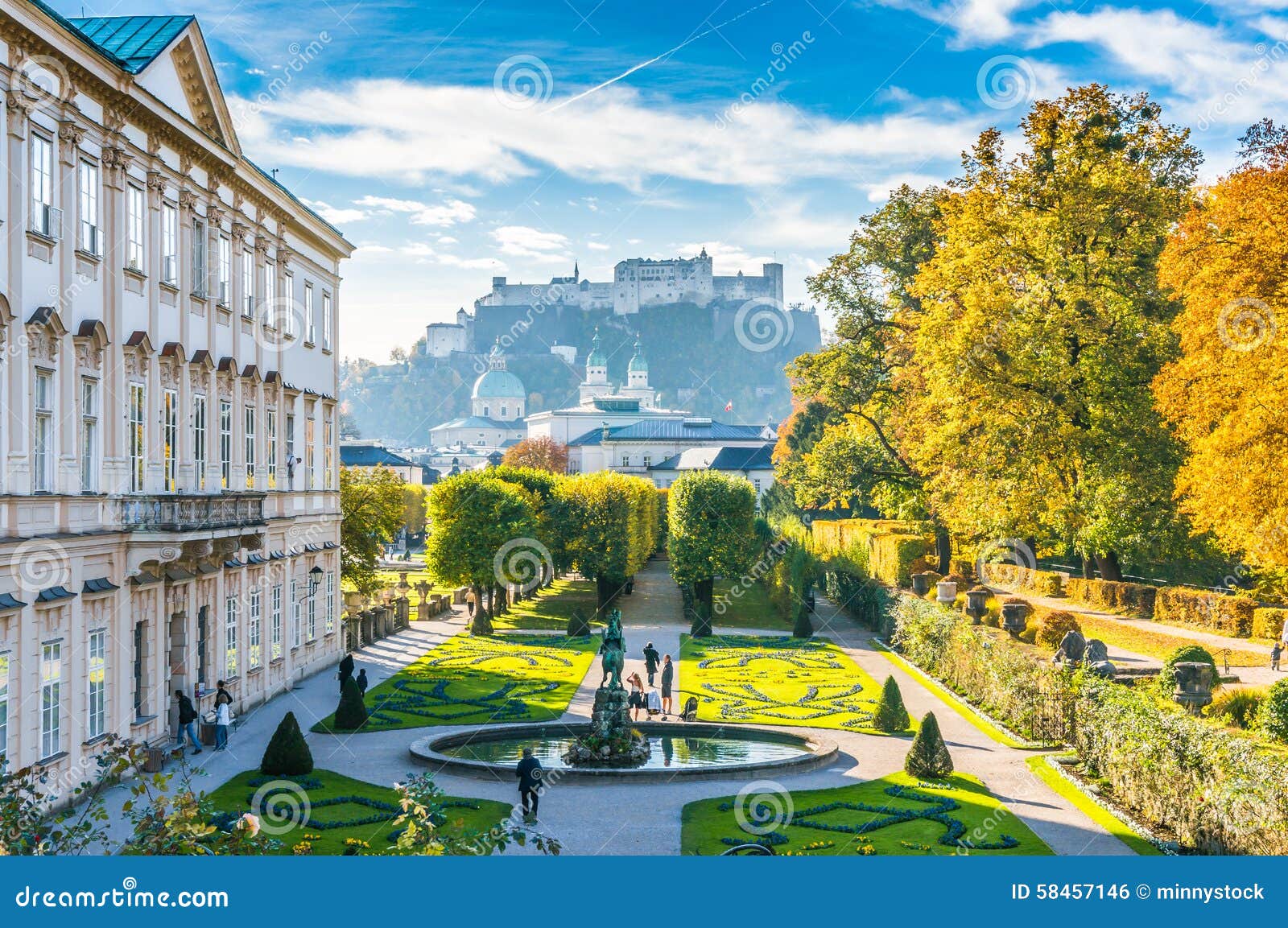 famous mirabell gardens with historic fortress in salzburg, austria