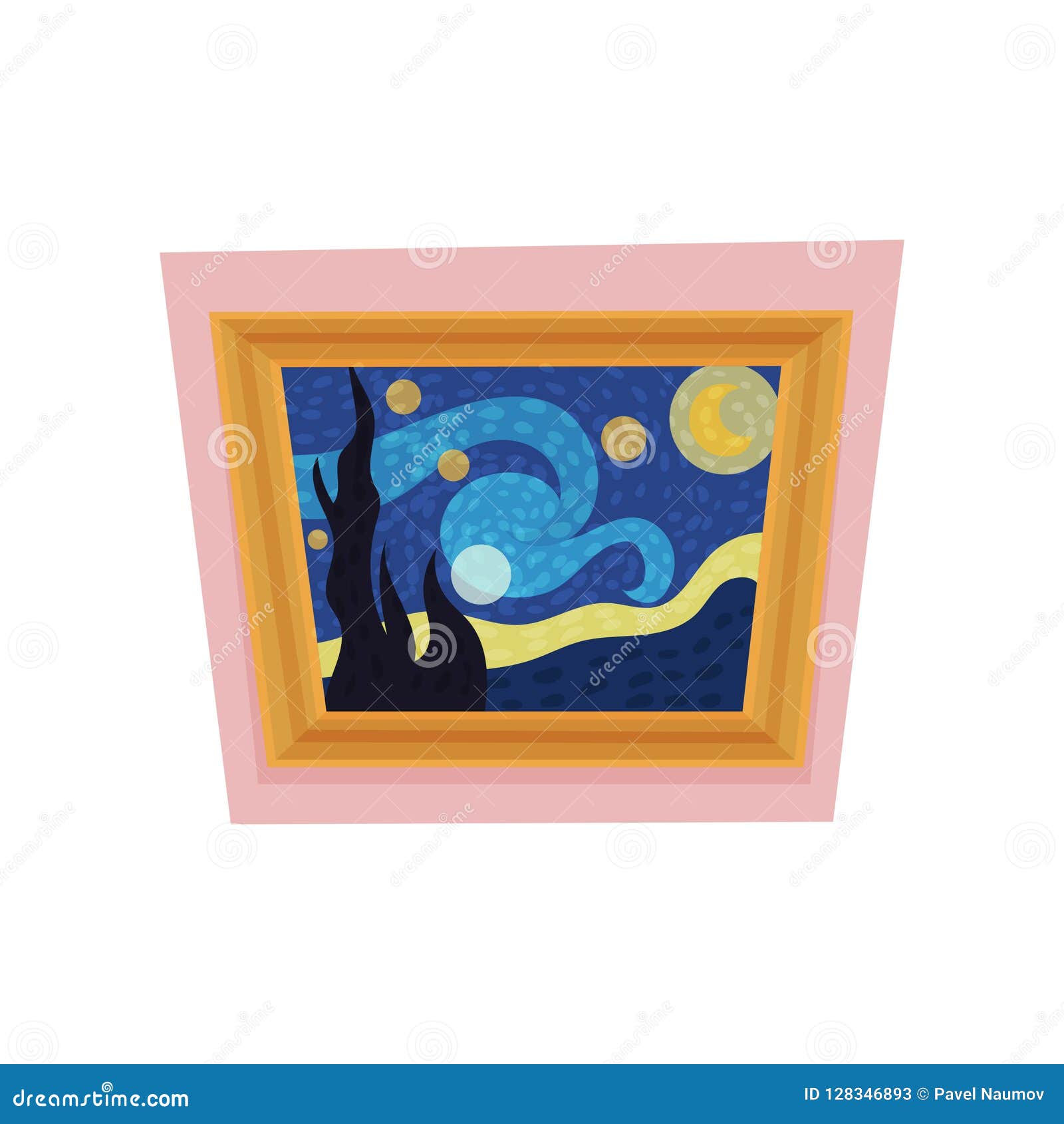 famous painting of starry night by vincent van gogh. museum exhibit. art gallery theme. flat  for advertising