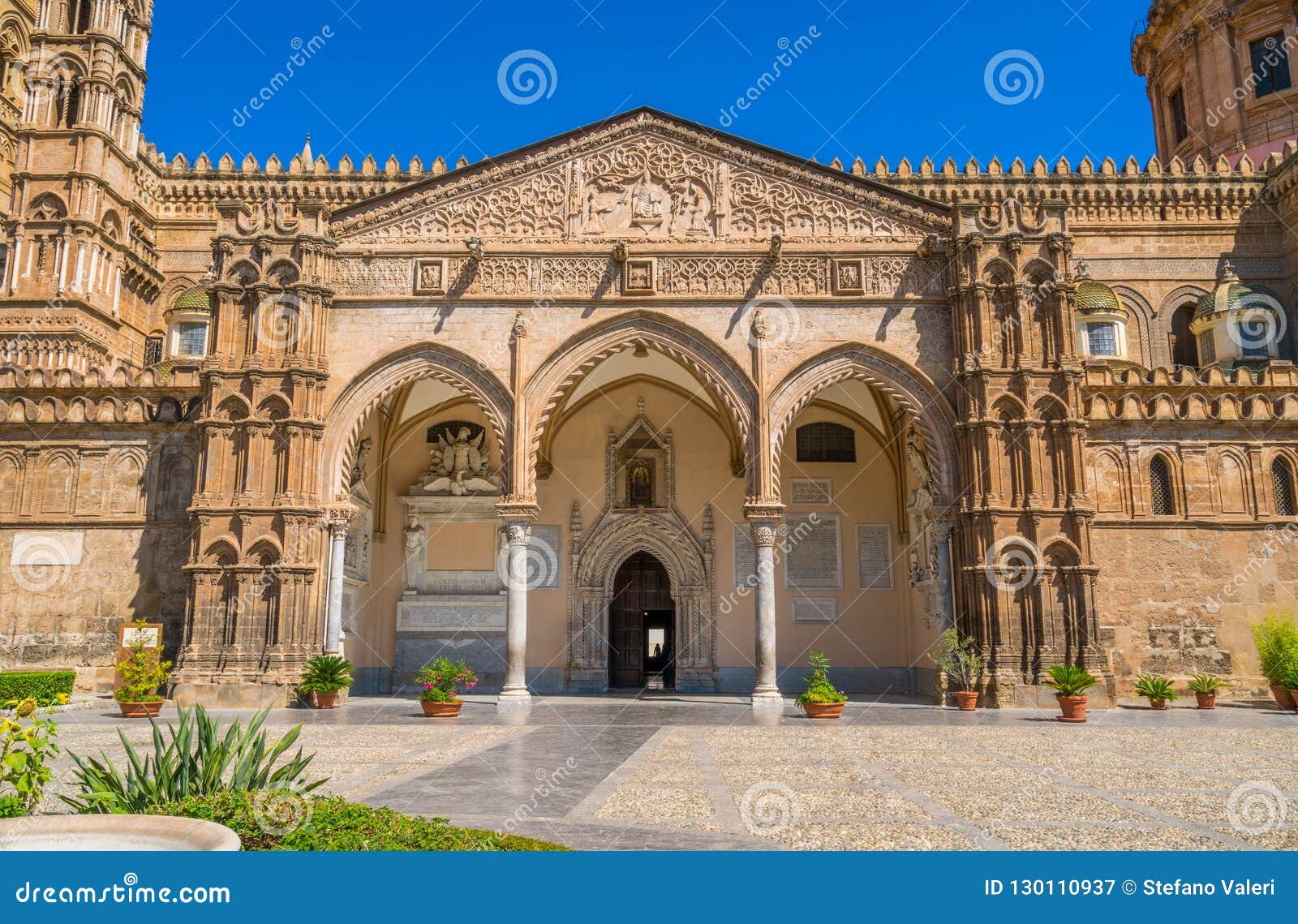 the famous portico by domenico and antonello gagini in the cathedral of palermo. sicily, southern italy.