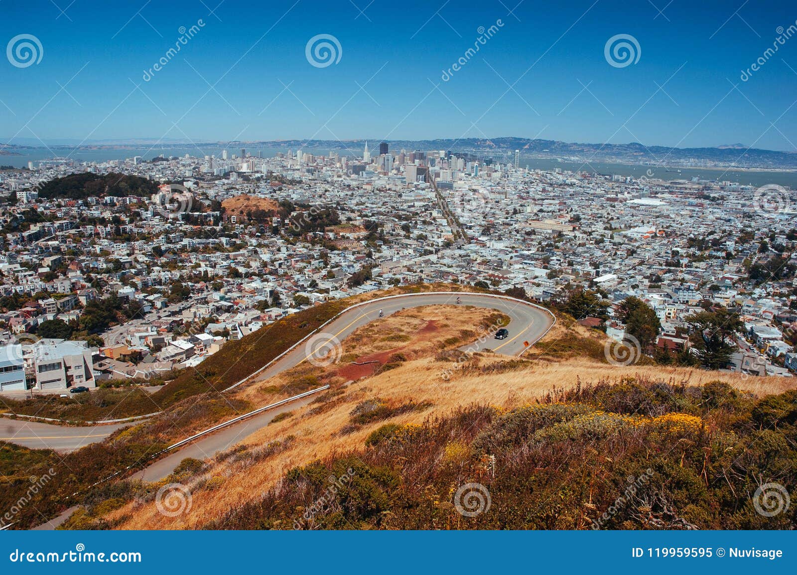 San Francisco Cityscape Skyline View from Twin Peaks Seeing Curvy Road ...