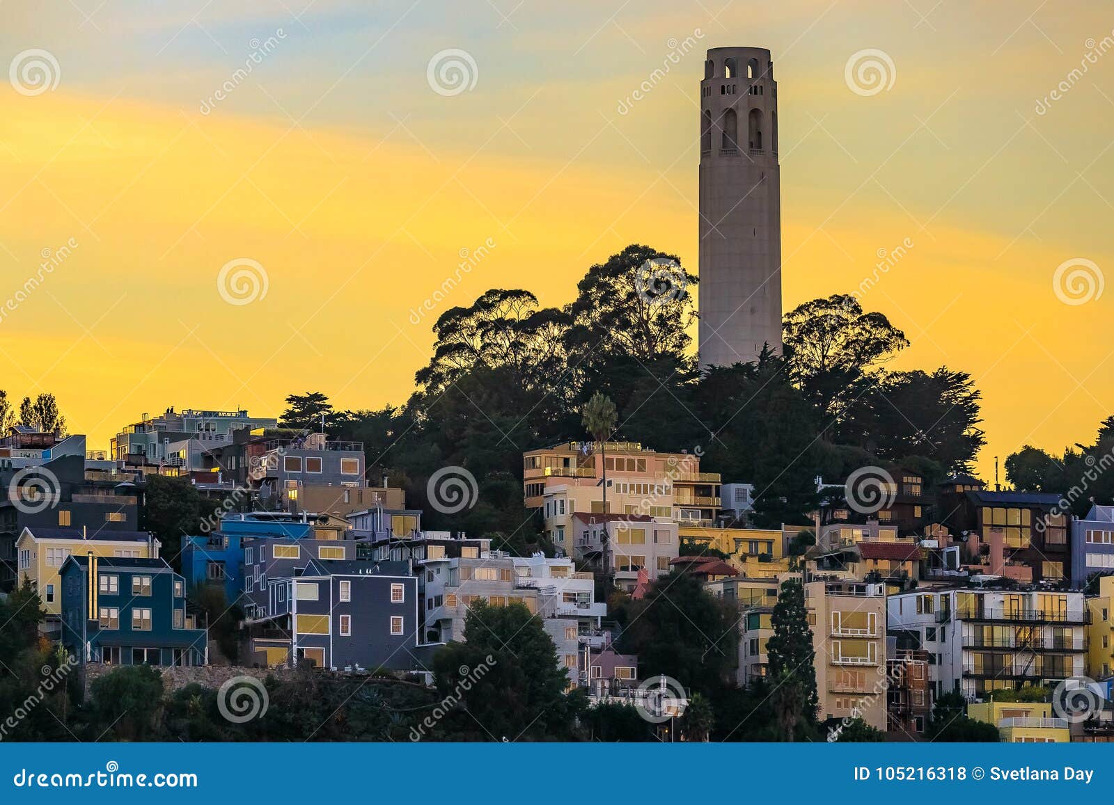 famous san francisco coit tower on telegraph hill at sunset