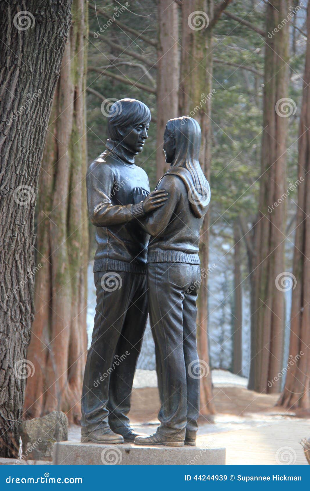 famous statue of bae yong-joon and choi ji-woo from korean television drama series winter sonata on nami island, south korea