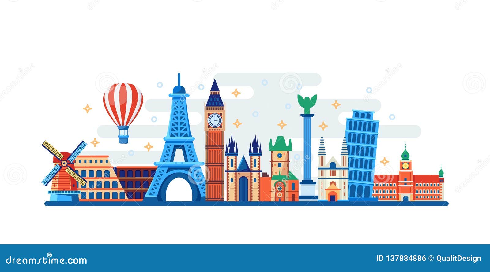 famous travel and touristic landmarks.  flat . world travel concept. horizontal banner, poster 