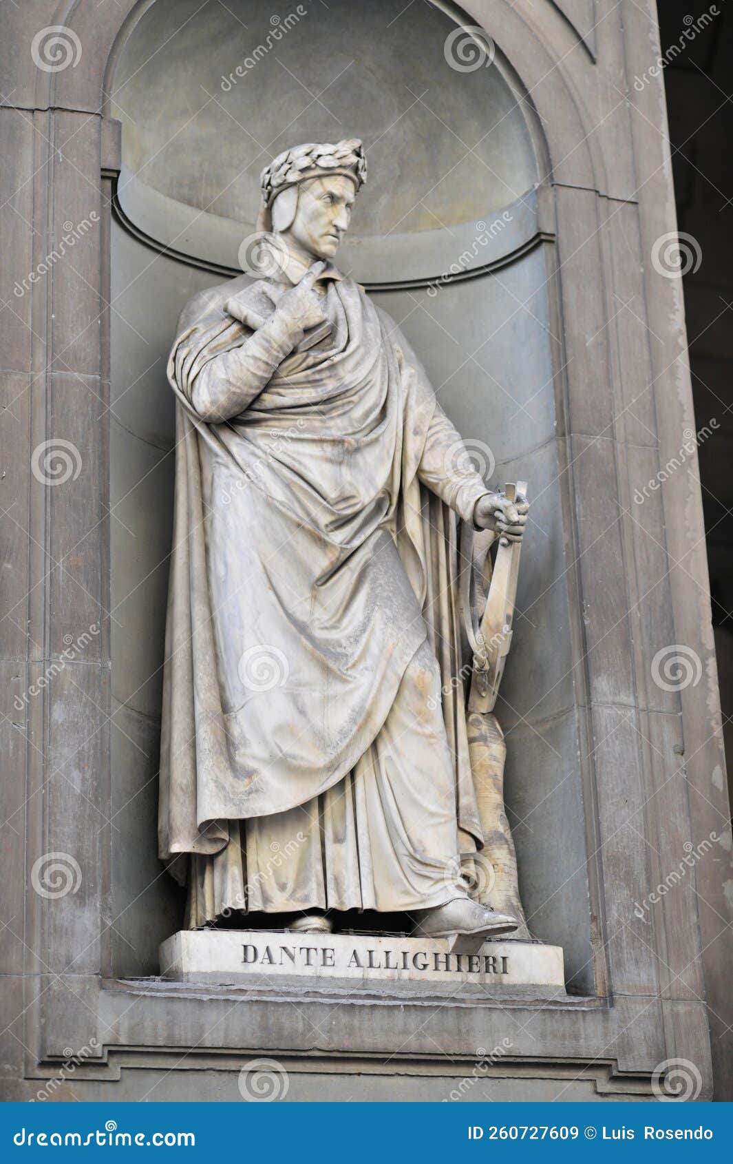 famous white marble monument of dante alighieri by enrico pazzi in piazza santa croce, next to basilica of santa croce, florence,