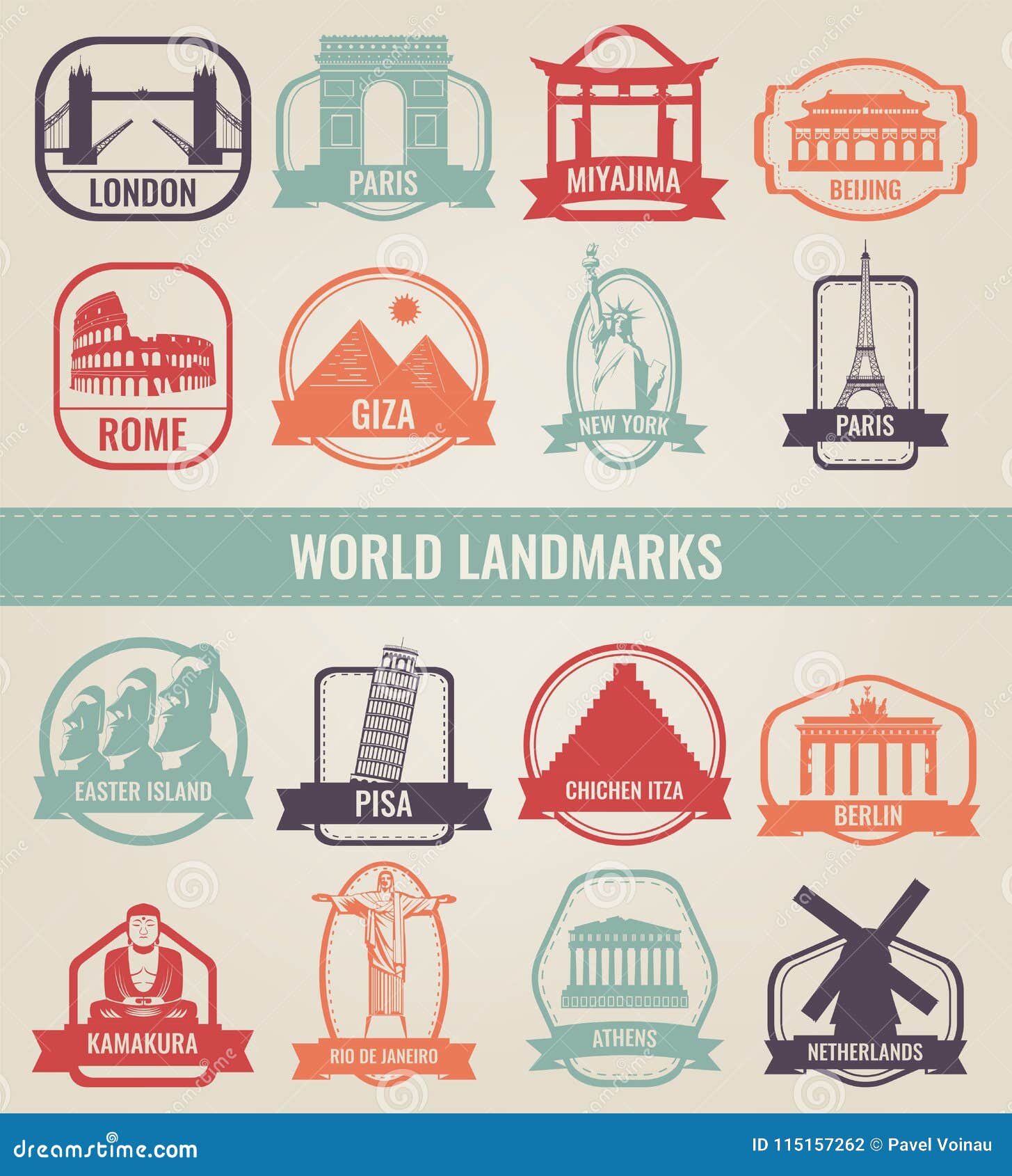 Famous World Landmarks. Travel and Tourism Concept. Vector Editorial