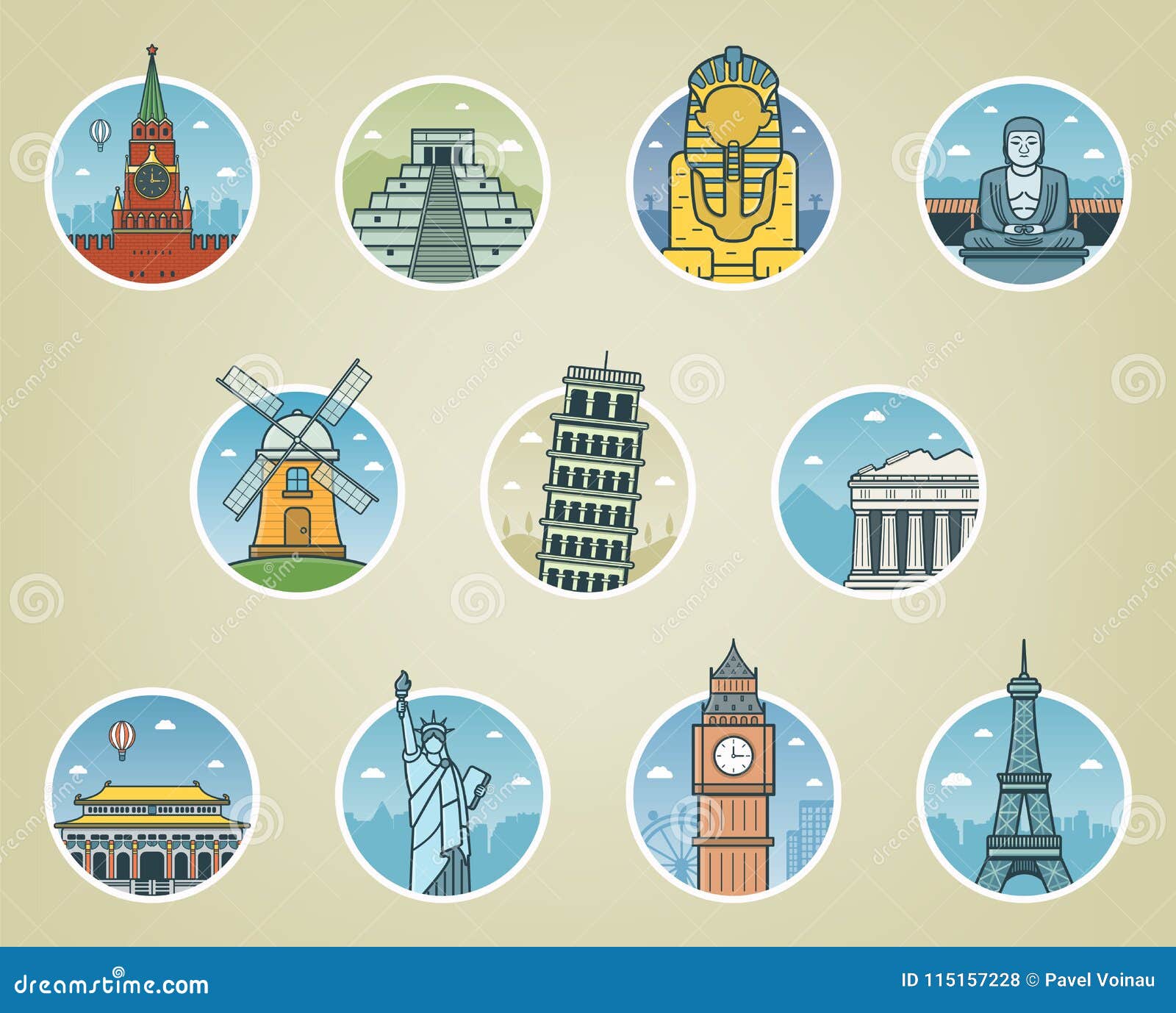 Famous World Landmarks. Travel and Tourism Concept. Vector Stock Vector