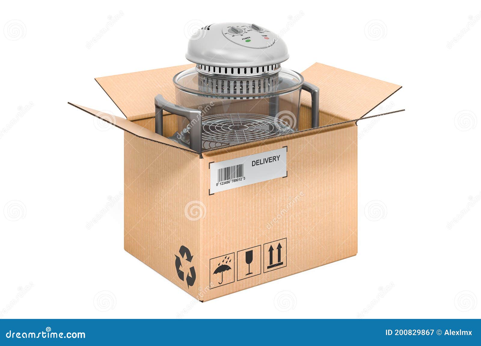 fan-assisted oven inside cardboard box, delivery concept. 3d rendering