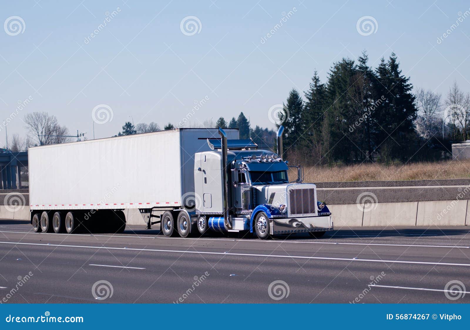 Fancy Classic Chromy Bright Blue Shiny Semi Truck Big Rig Stock Photo - Image: 56874267