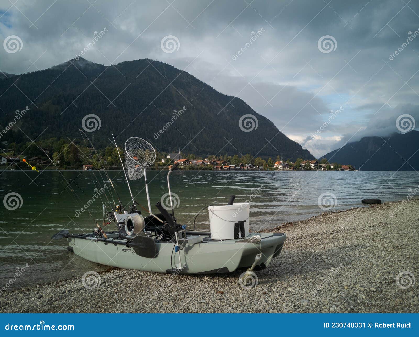 Fancy Fishing Boat on the Beach with Fishing Rods, Brailer and