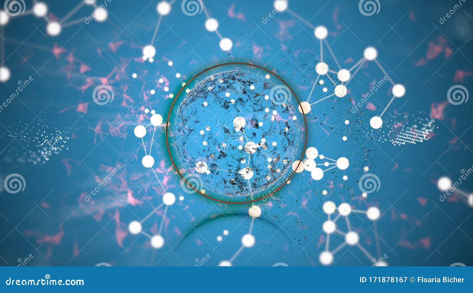 fancy pattern with polygonal globe in a ring among floating white plexus particles over blue background.