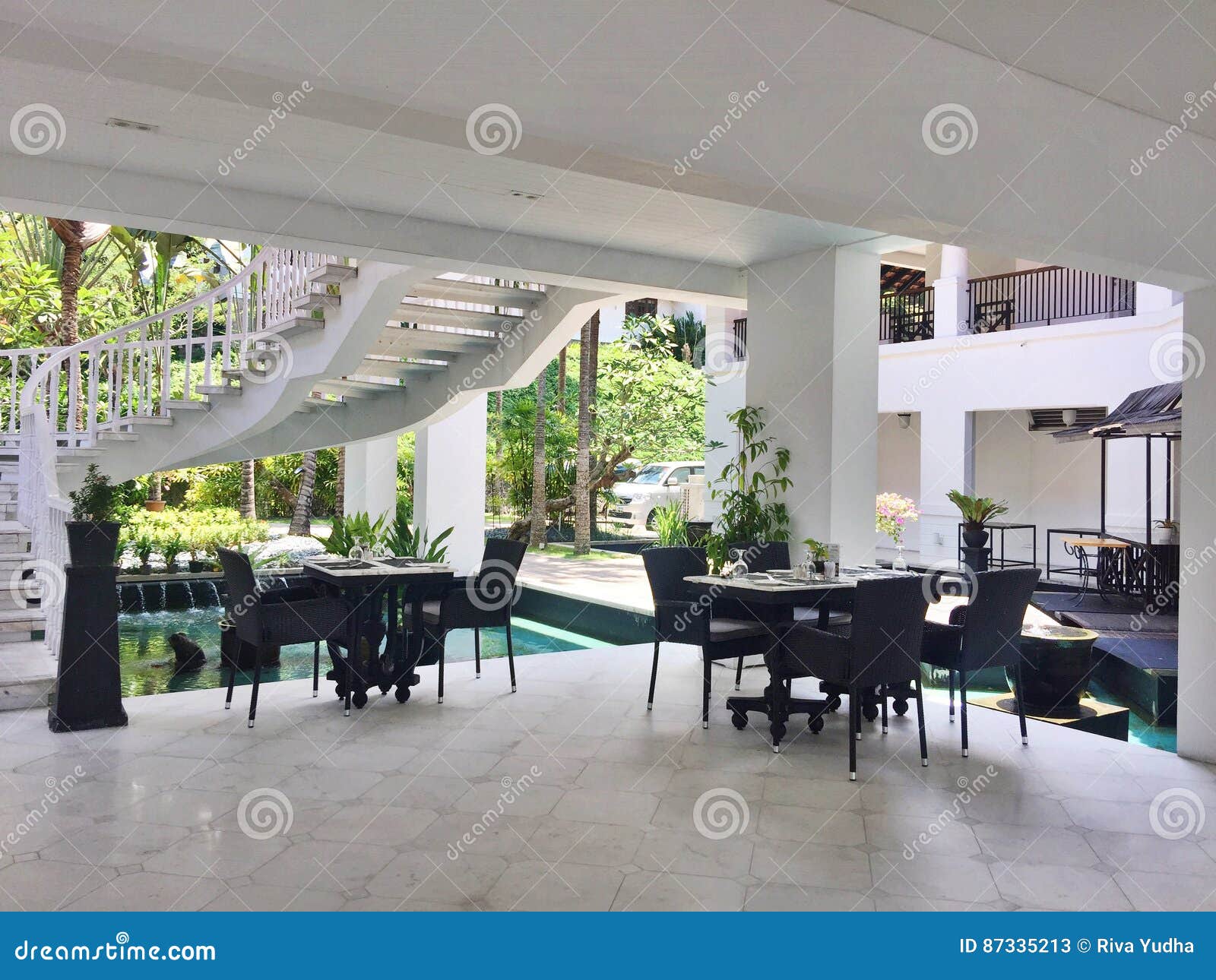 Fancy Poolside Restaurant in Indonesia Stock Image - Image of white