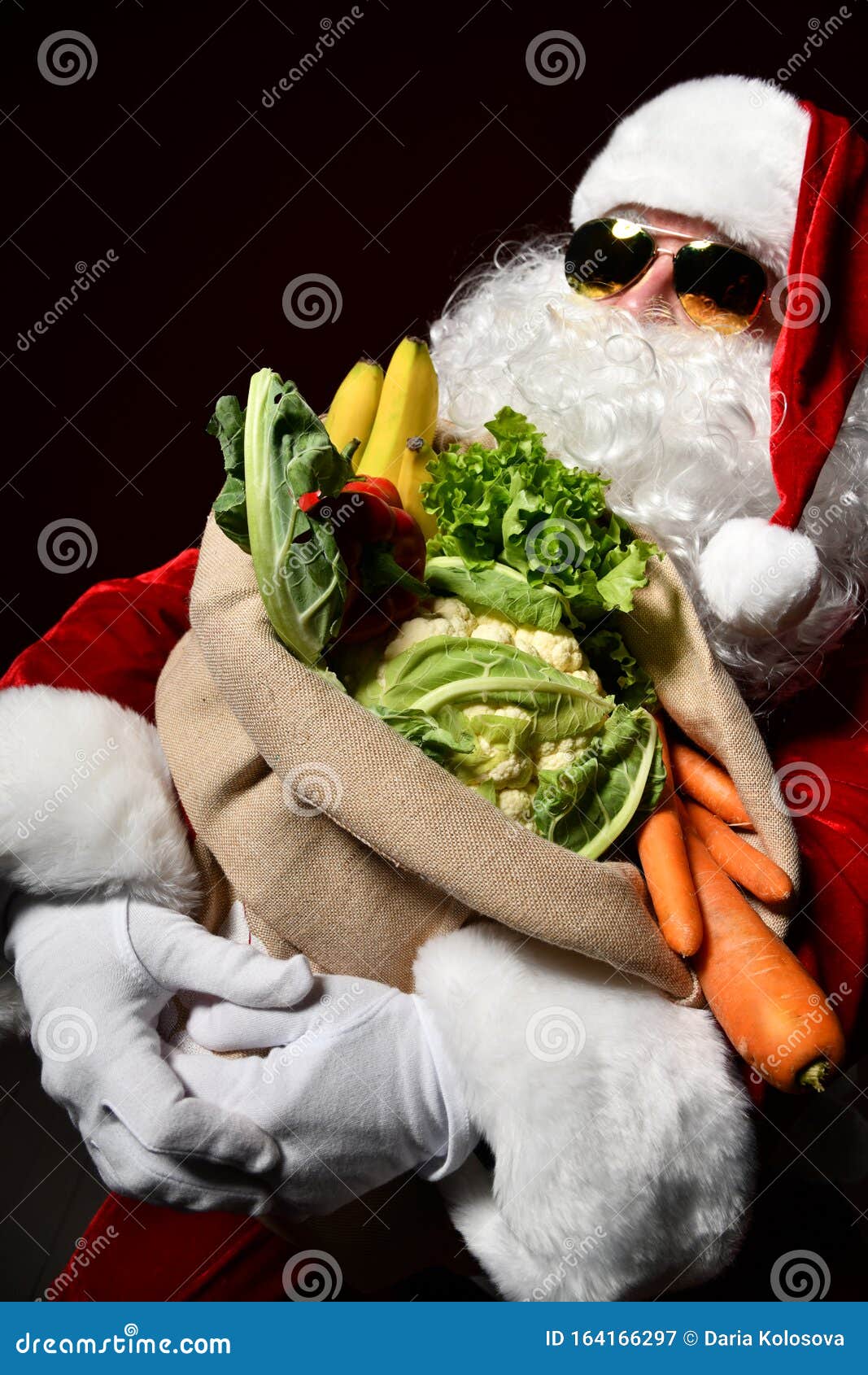 Santa Claus With A Bag Full Of Vegetables And Fruits Stock Image Image Of Present Natural 164166297