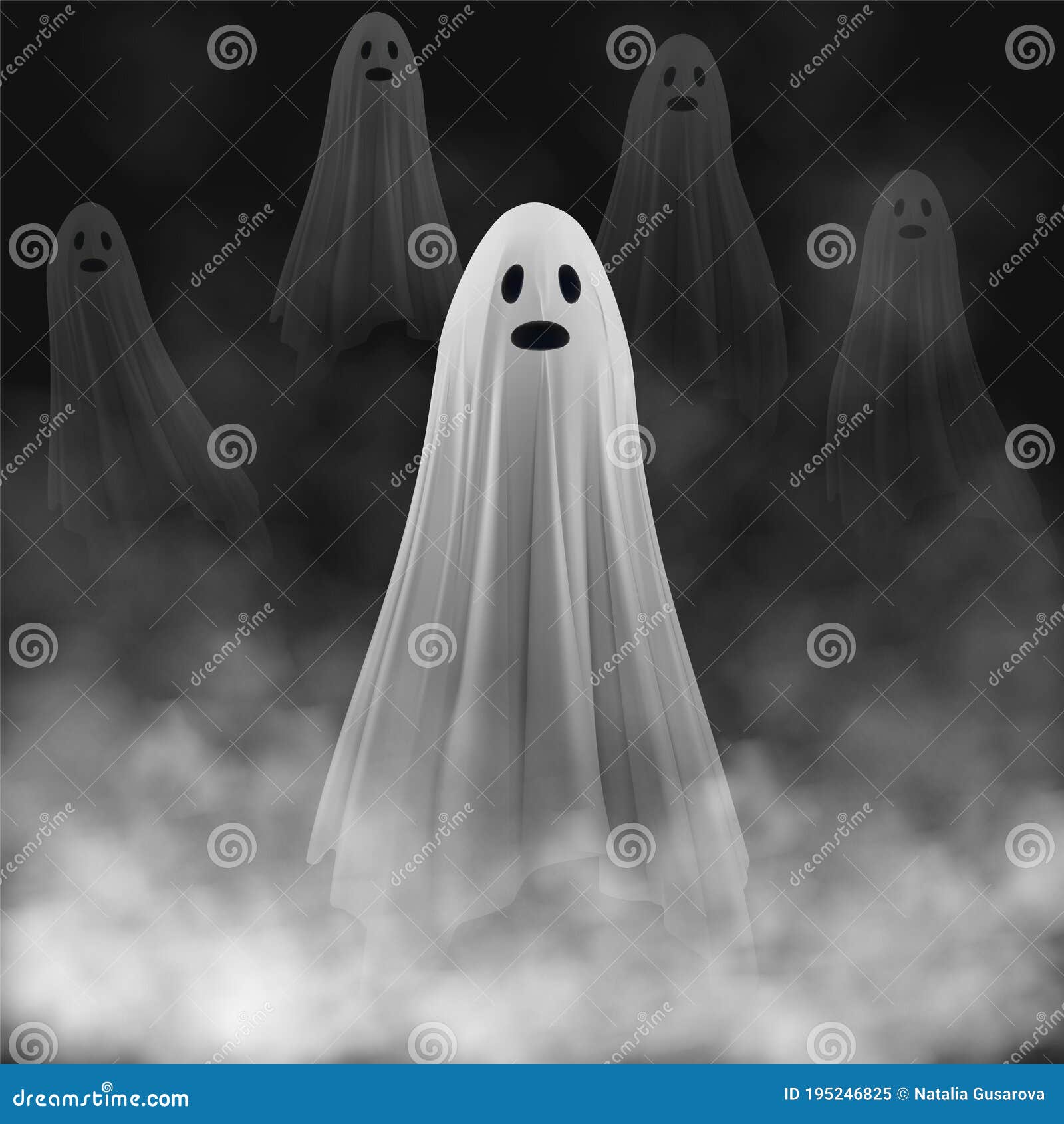 Fundo assustador de halloween com fantasmas voadores no banner de fantasmas  assustadores de fundo preto vetor conjunto fantasma realista