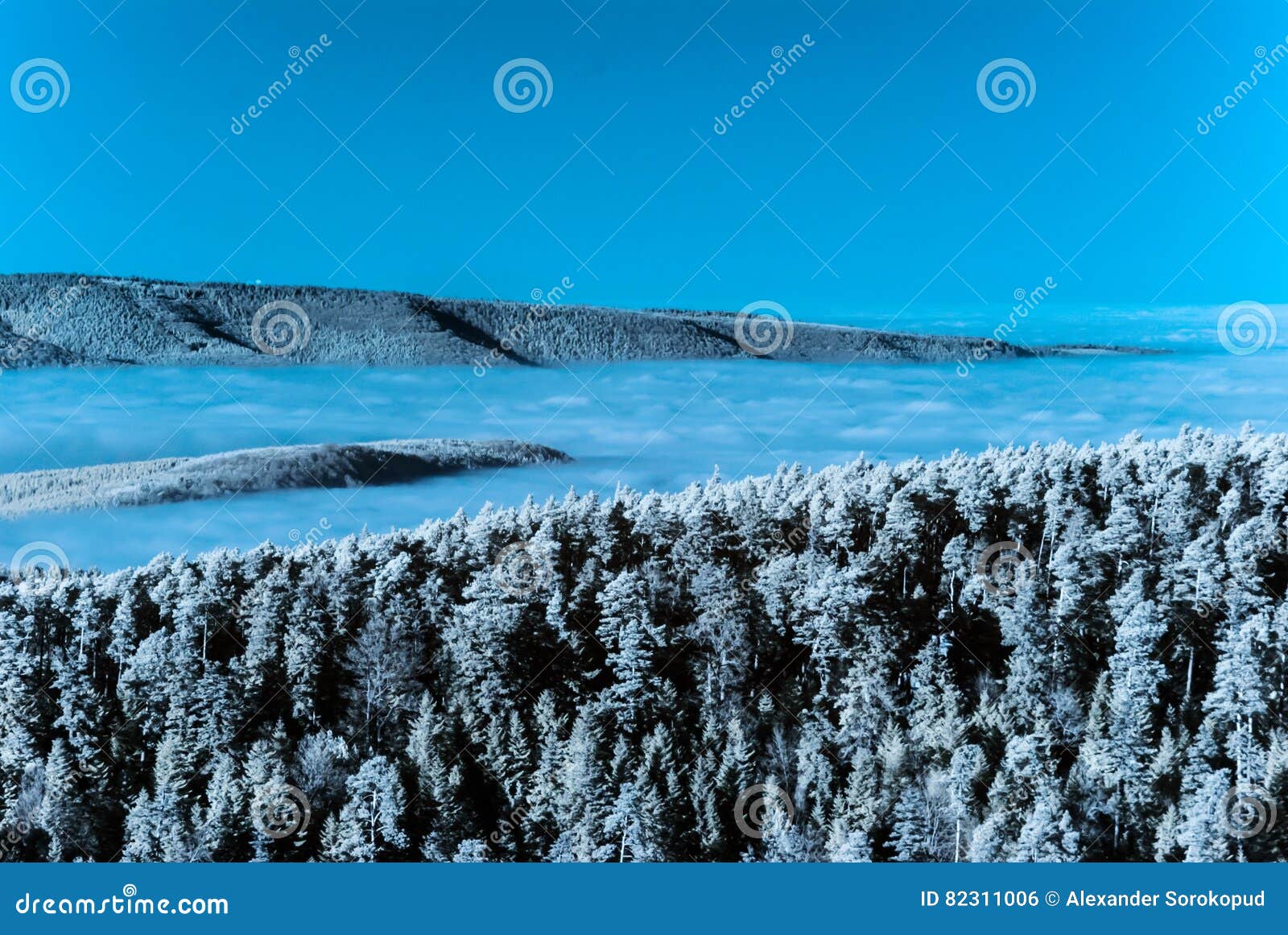 fantastic aerial infrared view of mountain landscape with sea of