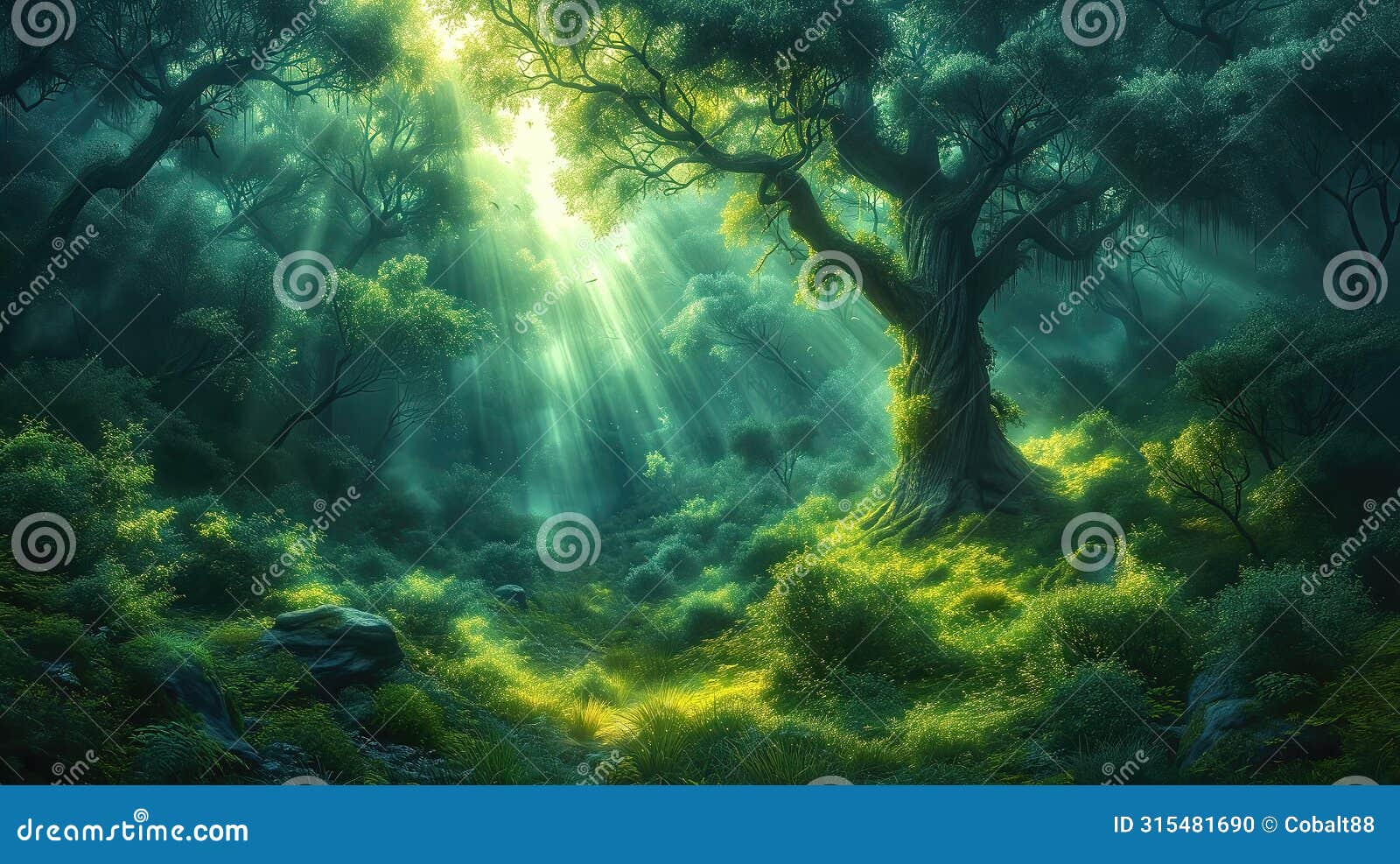 fantastic forest with giant trees, atmospheric and fairy-tale landscape