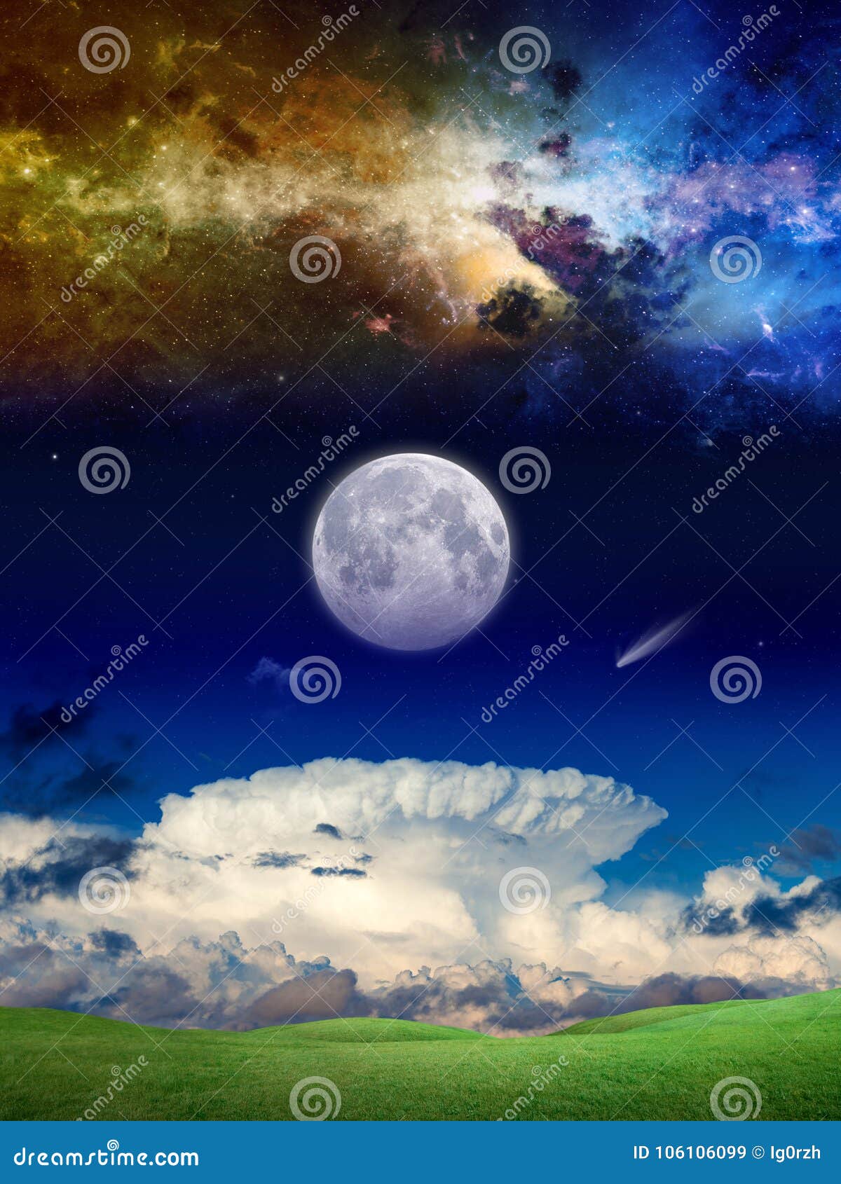 fantastic supernatural background with galaxy, comet and full mo