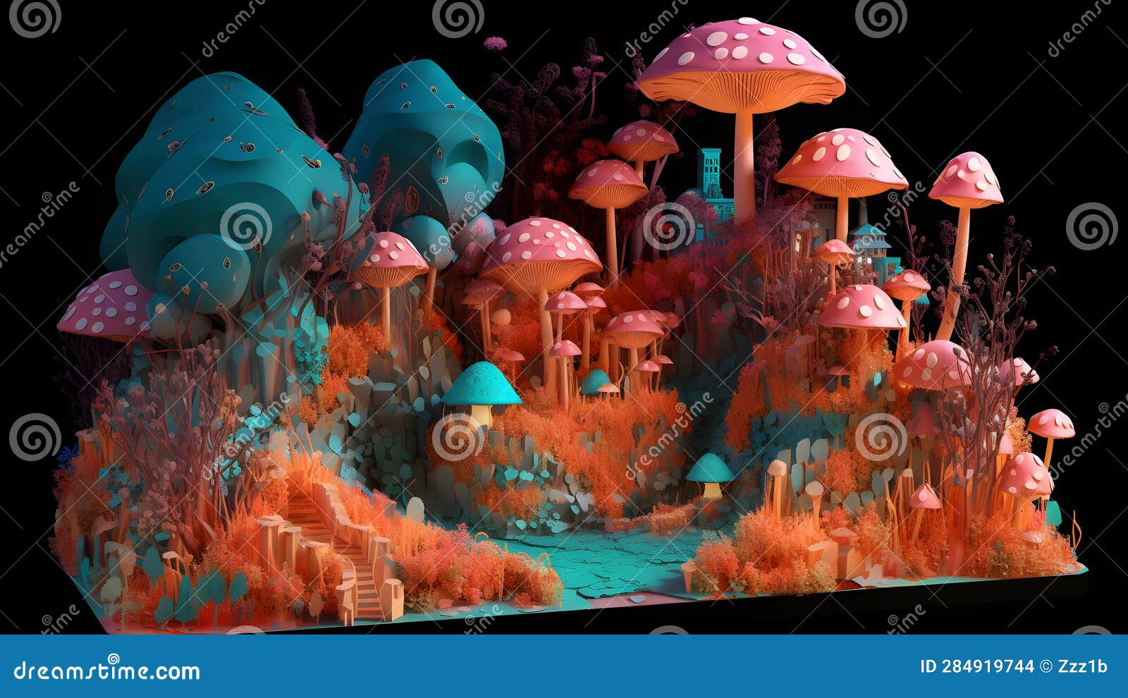 fantastic teal-orange colored mushroom wirld city, neural network generated image