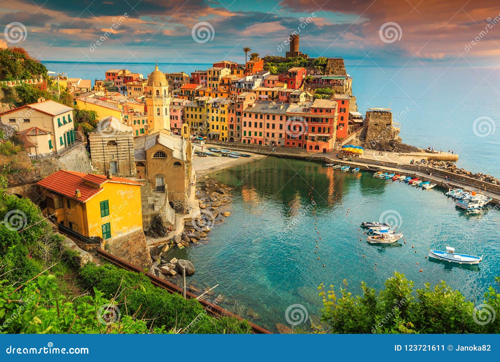 fantastic vernazza village with colorful sunset, cinque terre, italy, europe