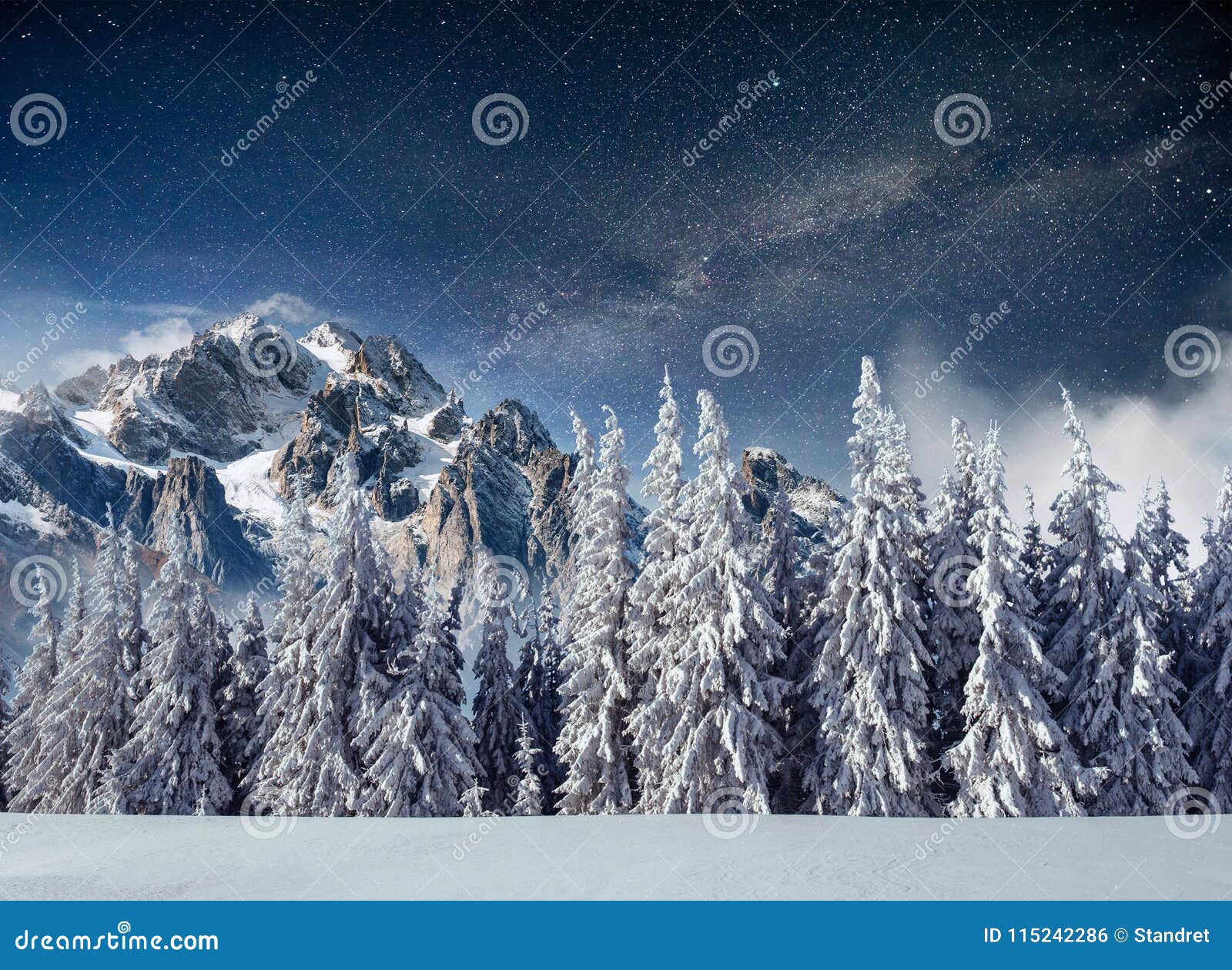 fantastic winter meteor shower and the snow-capped mountains. carpathians. ukraine, europe