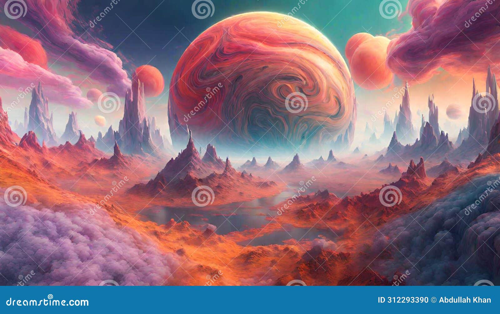 fantastical planet with swirling clouds colorful landscapes. generative ai