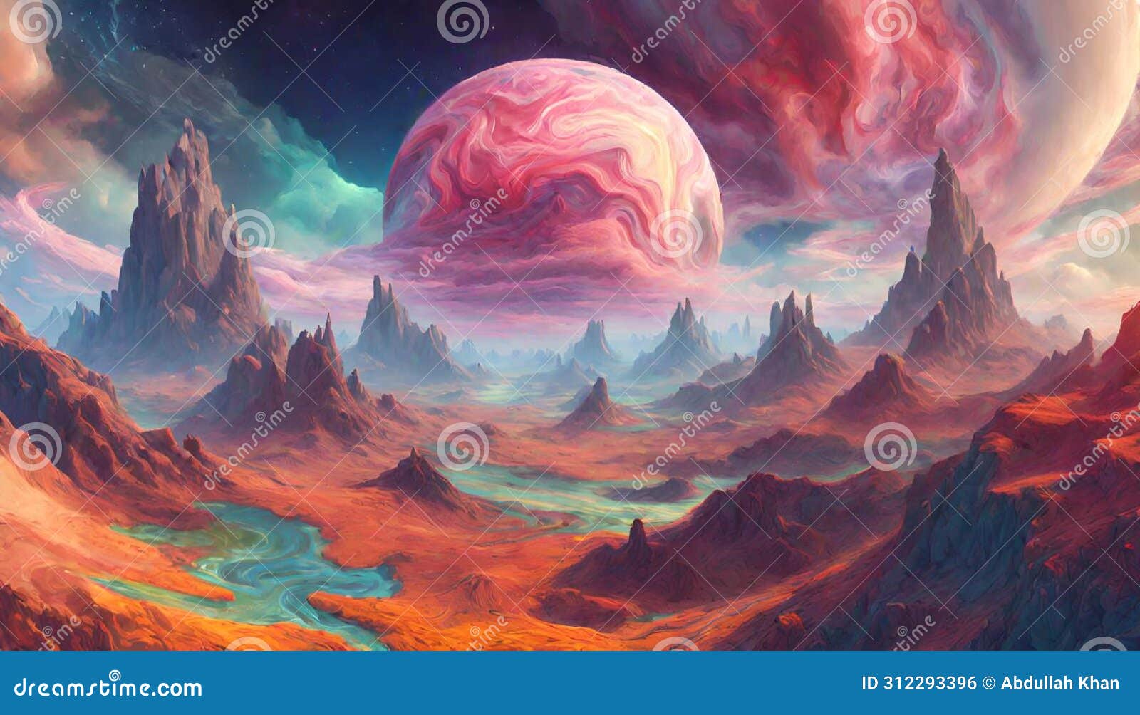 fantastical planet with swirling clouds colorful landscapes. generative ai