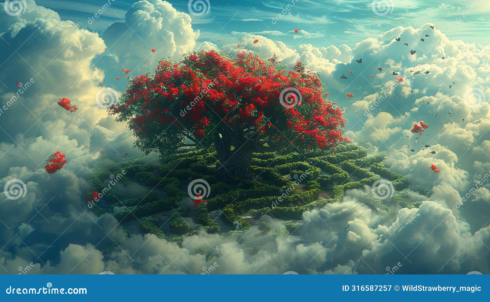 fantastical tree with red flowers amidst clouds and butterflies. generated ai