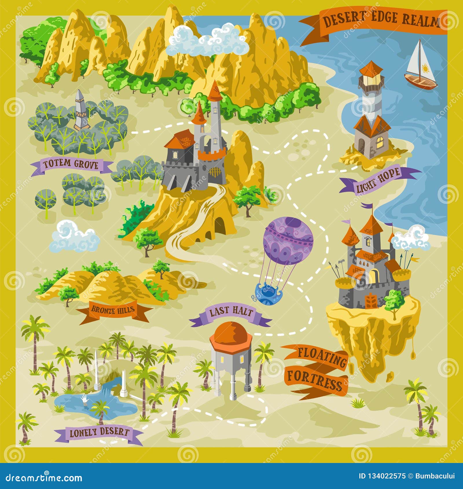 fantasy adventure map for cartography with colorful doodle hand draw  in desert land