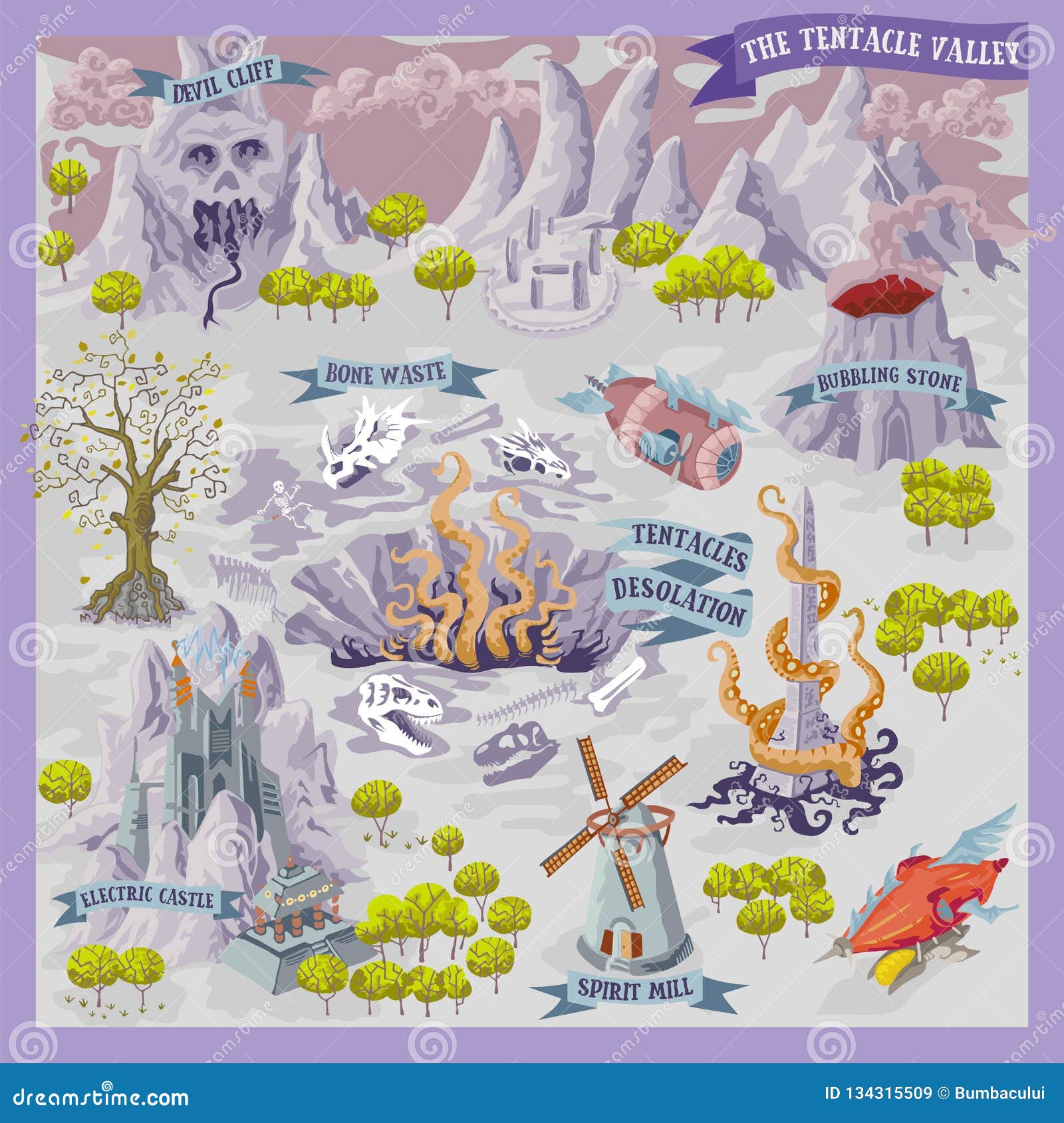 fantasy adventure map for cartography with colorful doodle hand draw  of tentacle valley