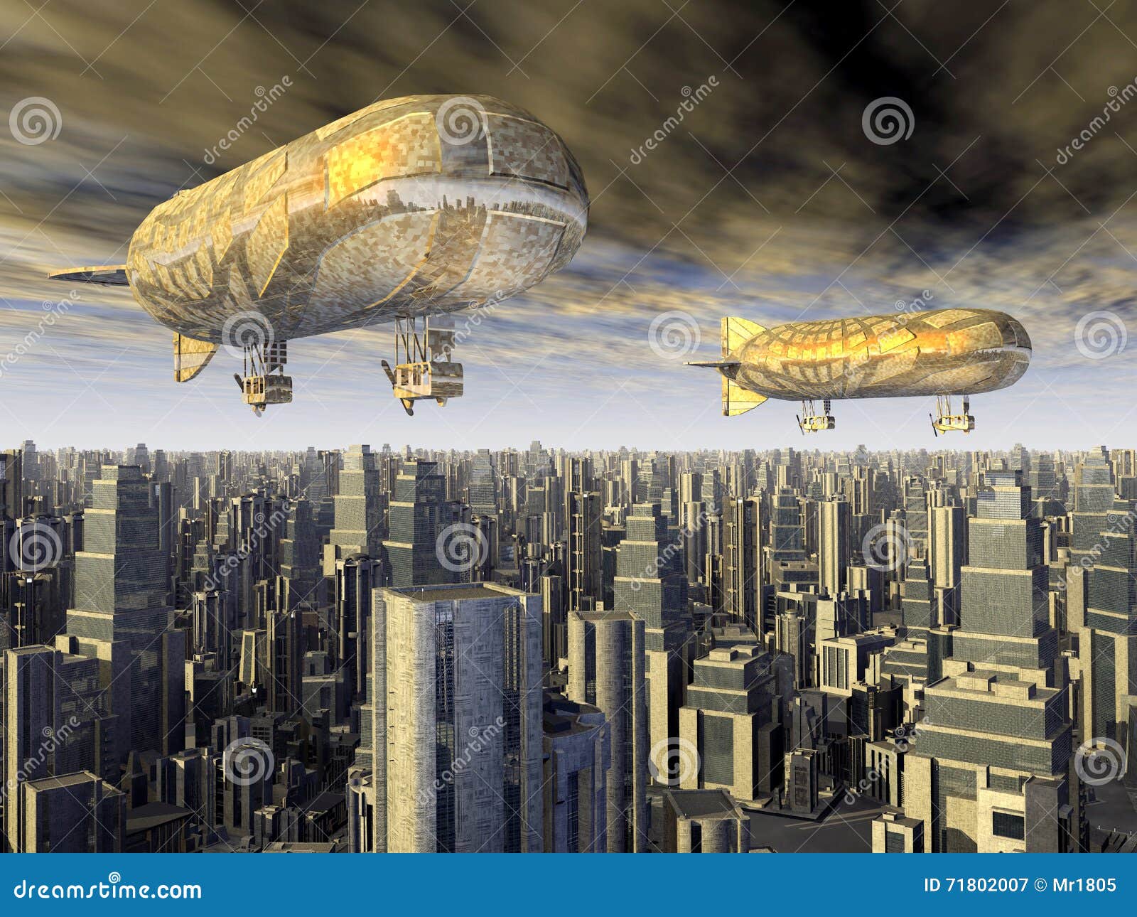 fantasy airships over a megacity