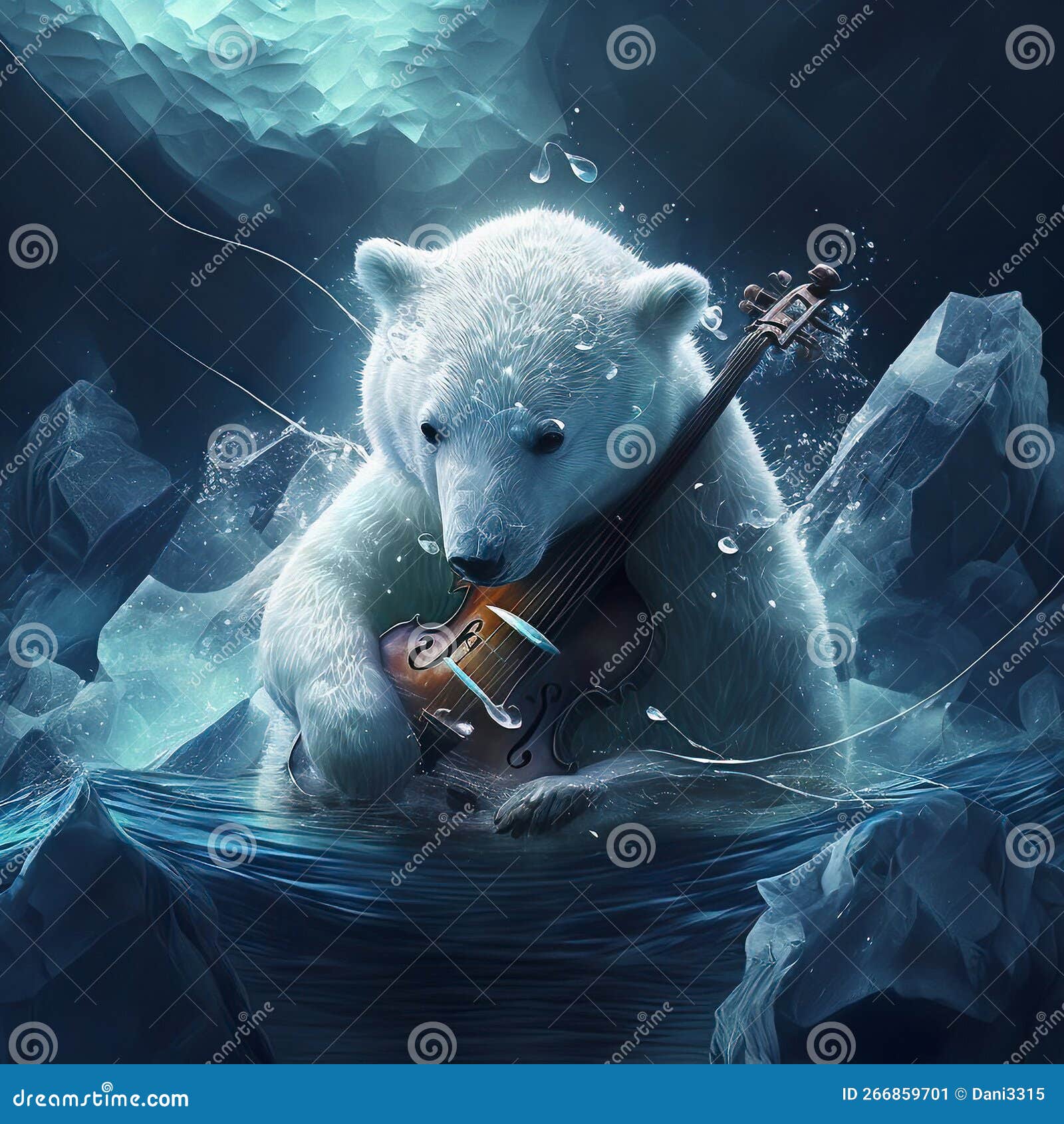Fantasy Art Background With A Polar Bear Playing A Violin In The Water Inside An Ice Cave Stock