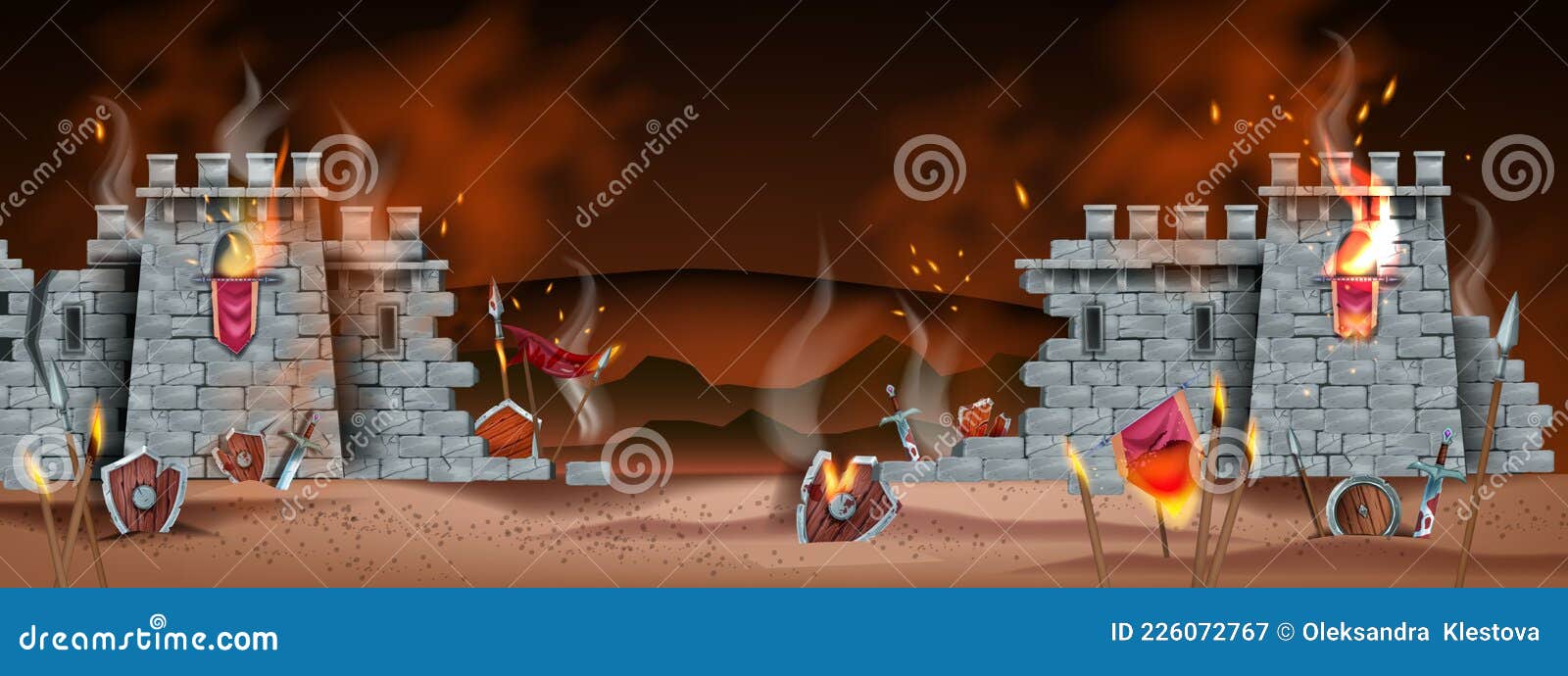 Medieval Game Battle Vector Background, Stone Castle Wall Ruin, Fire Broken  Shield, Spear, Sword, Flag. Stock Vector - Illustration of medieval,  crusade: 226072767