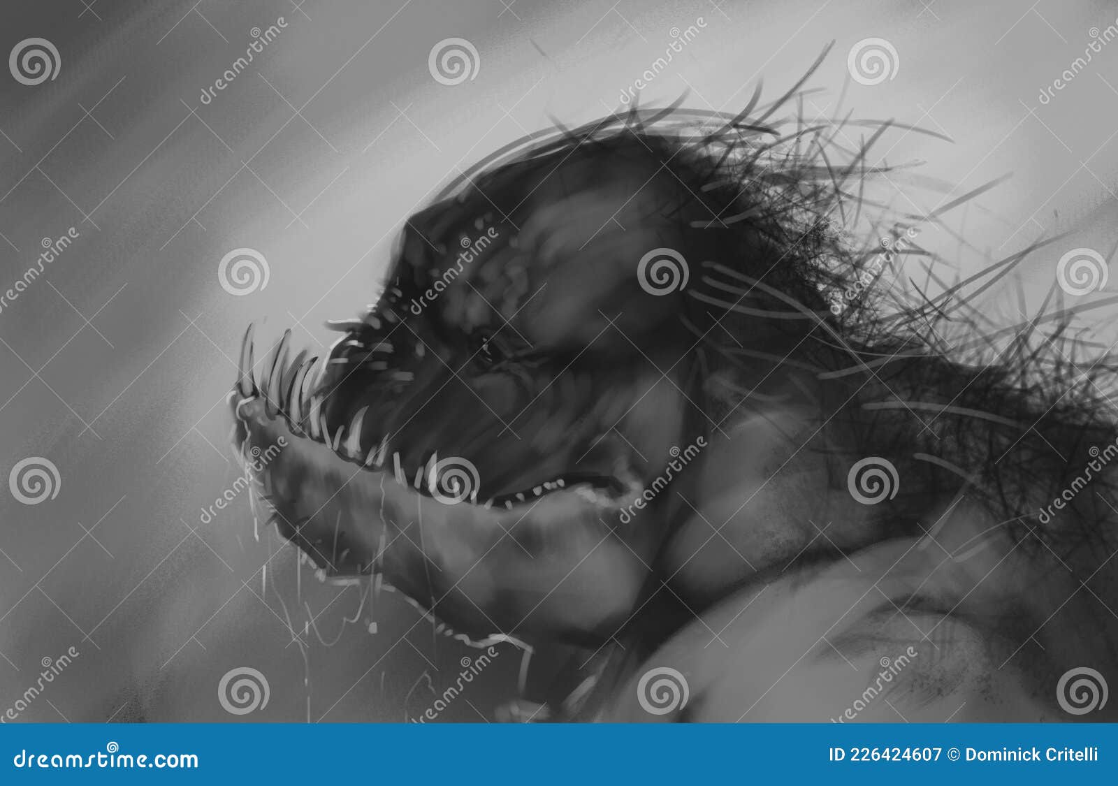 fantasy black and white painting of huge hairy predatory creature with a massive jaw - digital 