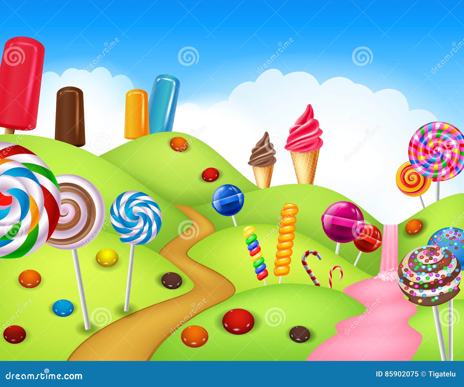 Fantasy Candyland with Dessrts and Sweets Stock Vector Illustration