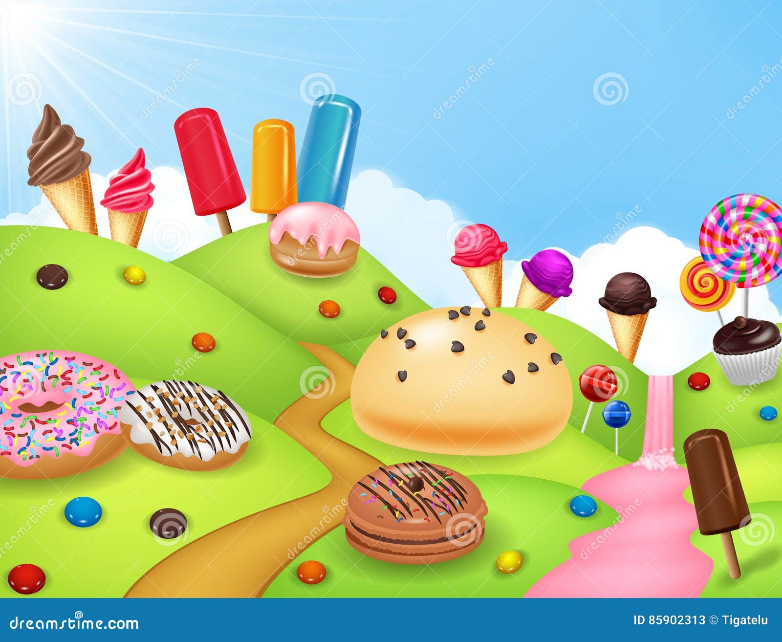 Fantasy Candyland with Dessrts and Sweets Stock Vector Illustration