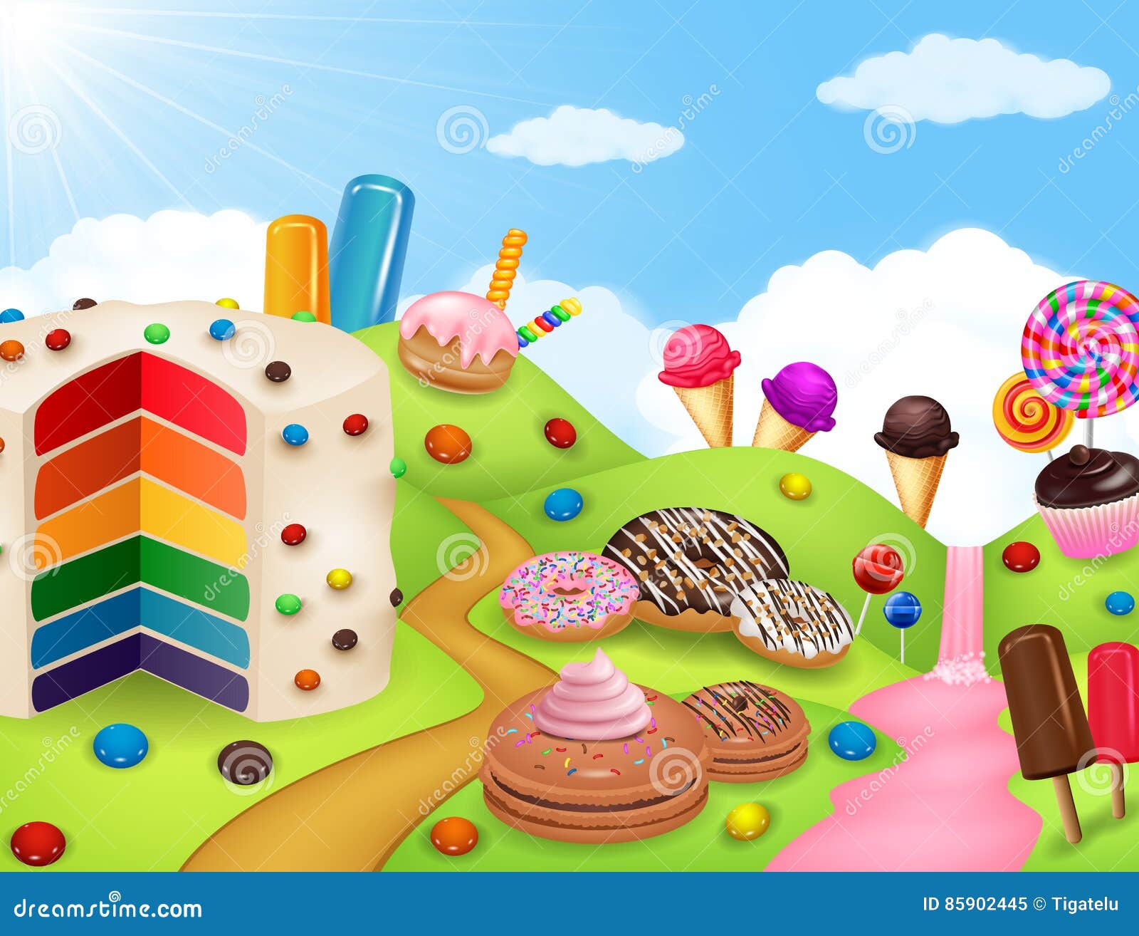 fantasy candyland with dessrts and sweets