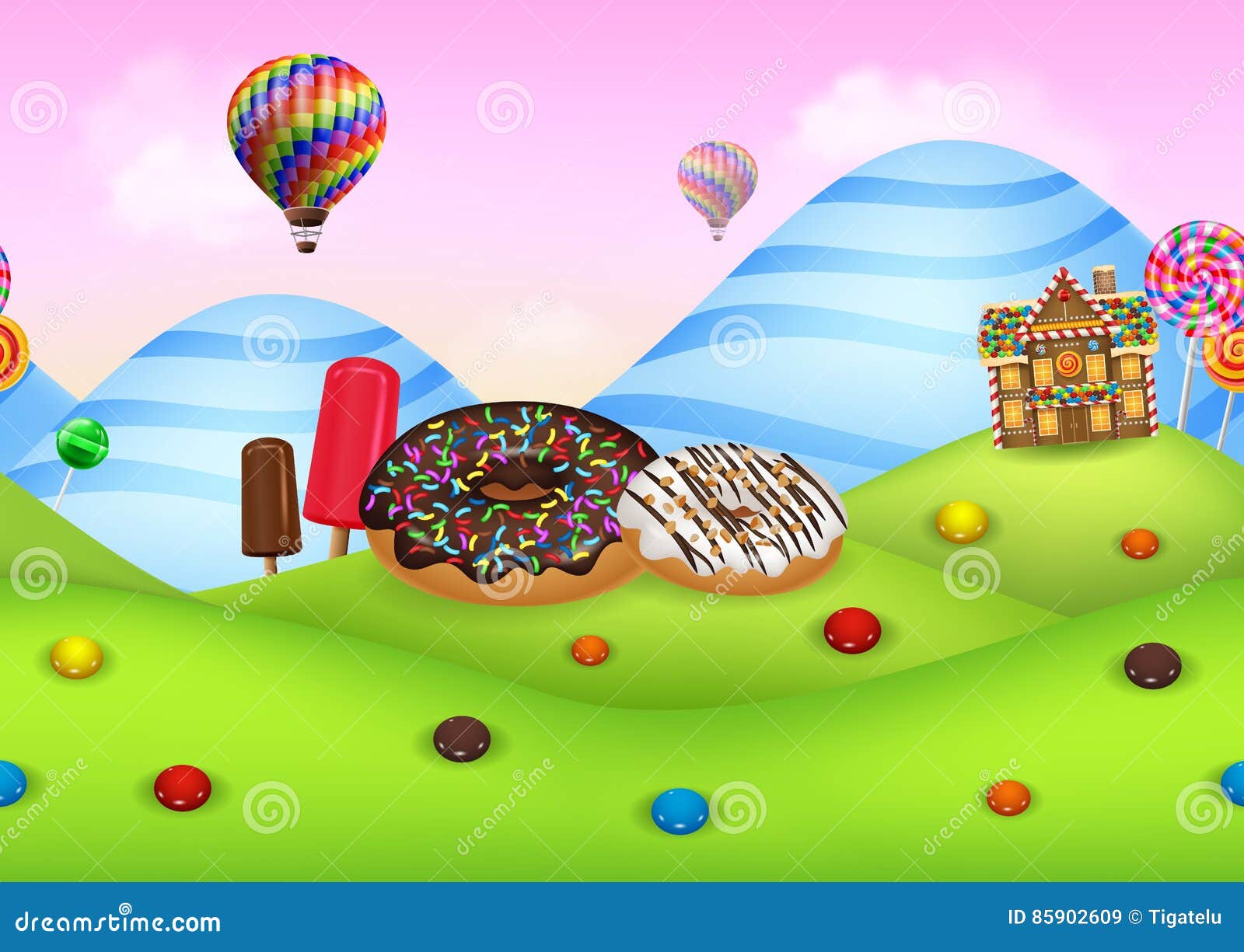 Fantasy Candyland with Dessrts and Sweets Stock Vector Illustration