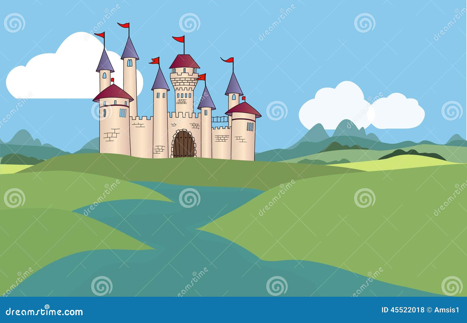 fantasy castle kingdom far away there beautiful hill surrounded moat accessible bridge flags 45522018