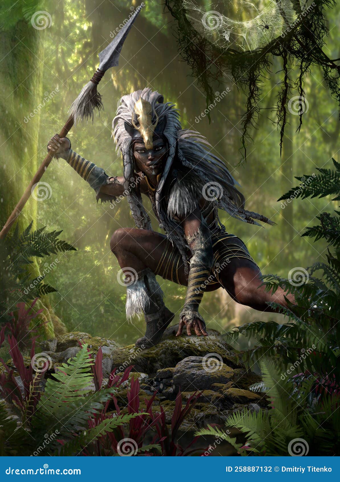 Woman Warrior Hunter With A Spear In Hand In The Jungle 3d