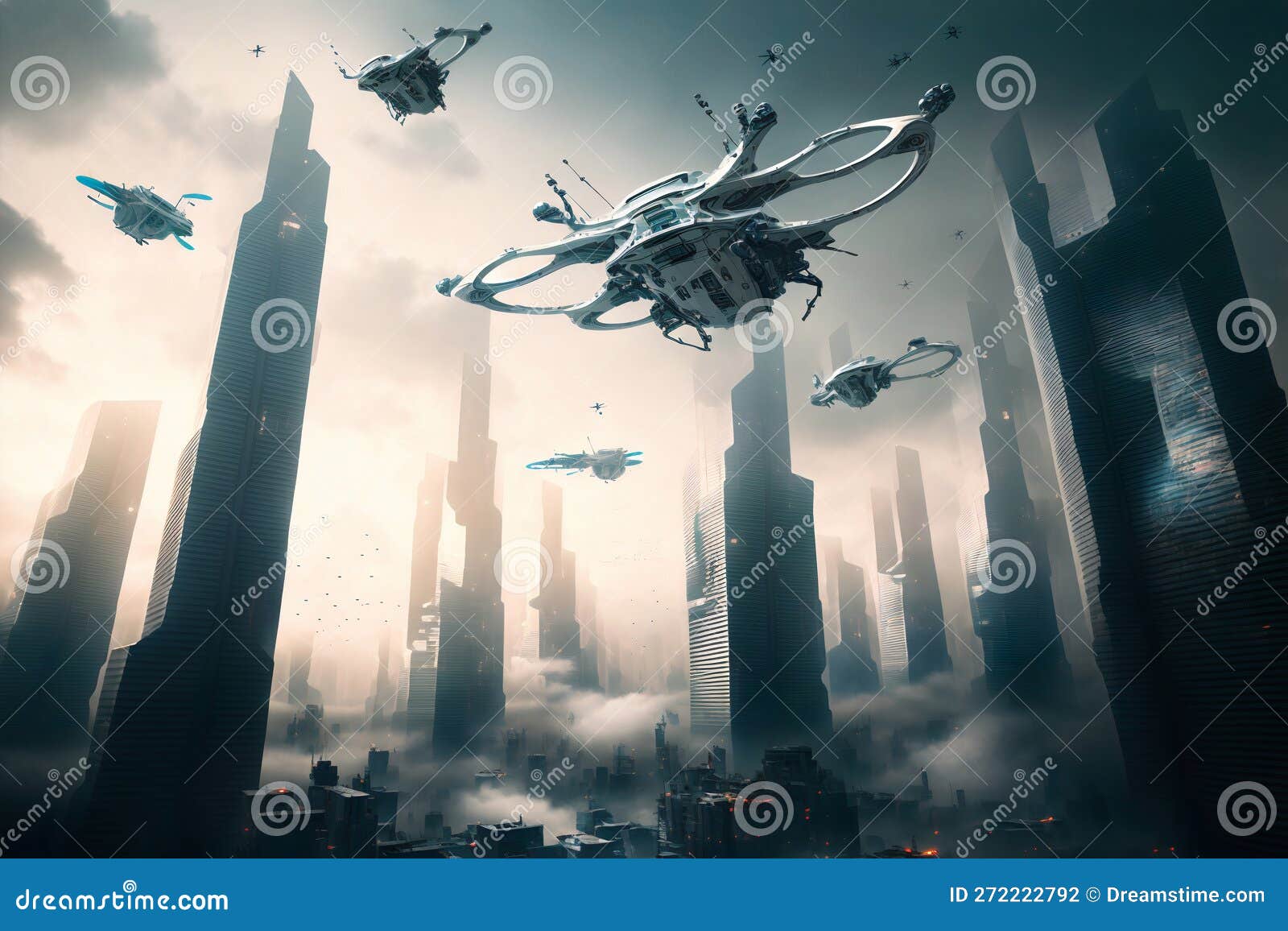 Fantasy City of the Future. Futuristic World. Flying Drones. Generative AI.  Stock Illustration - Illustration of virtual, bionic: 272222792