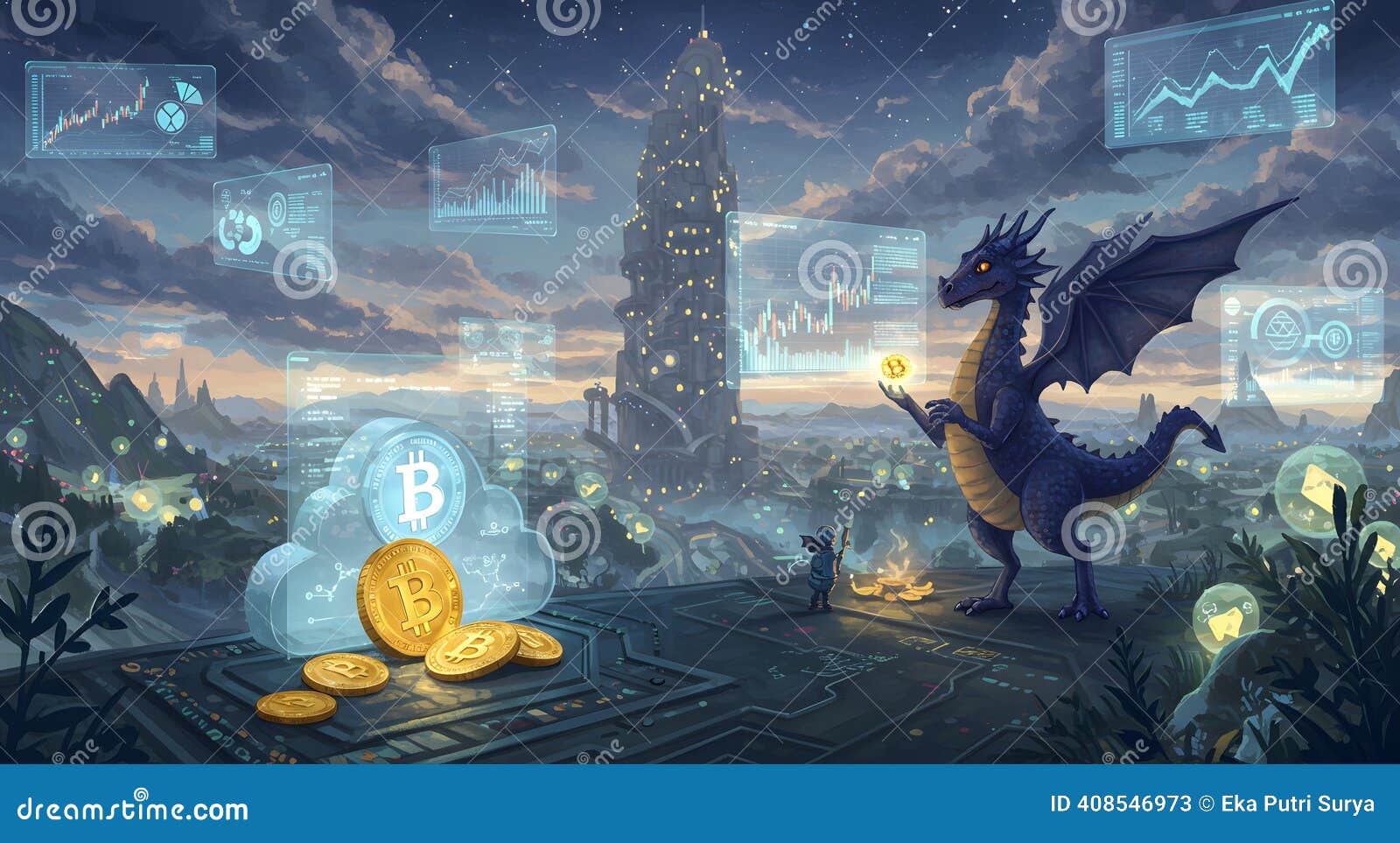 Dragon of Digital Wealth stock illustration. Illustration of gold -  408546973